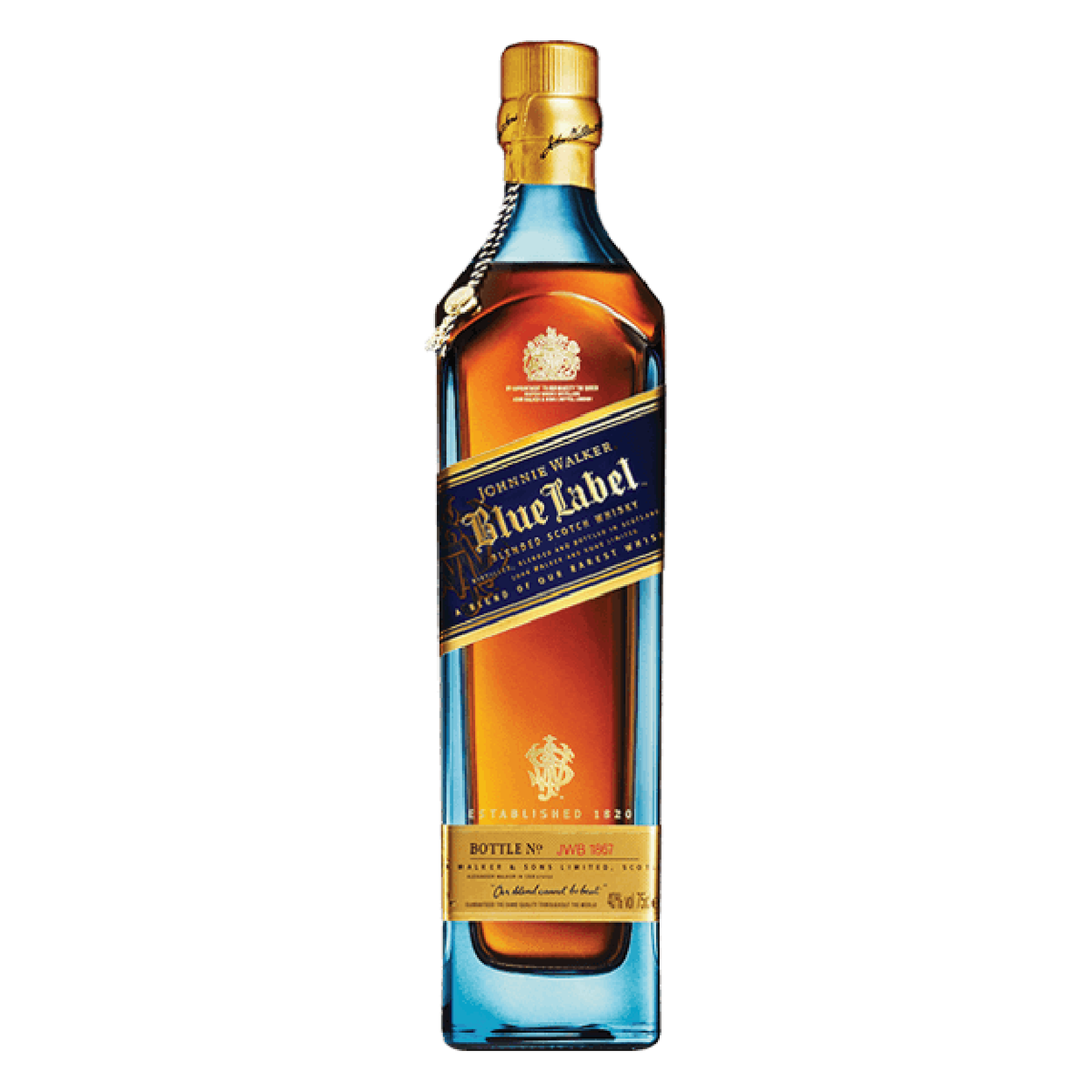 Johnnie Walker Blue whisky bottle on a clean white background