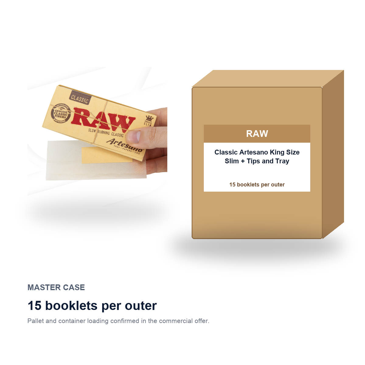RAW Classic Artesano King Size Slim + Tips and Tray master case - 15 booklets per outer
