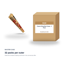 RAW Classic King Size Cones - 3 Pack master case - 32 packs per outer