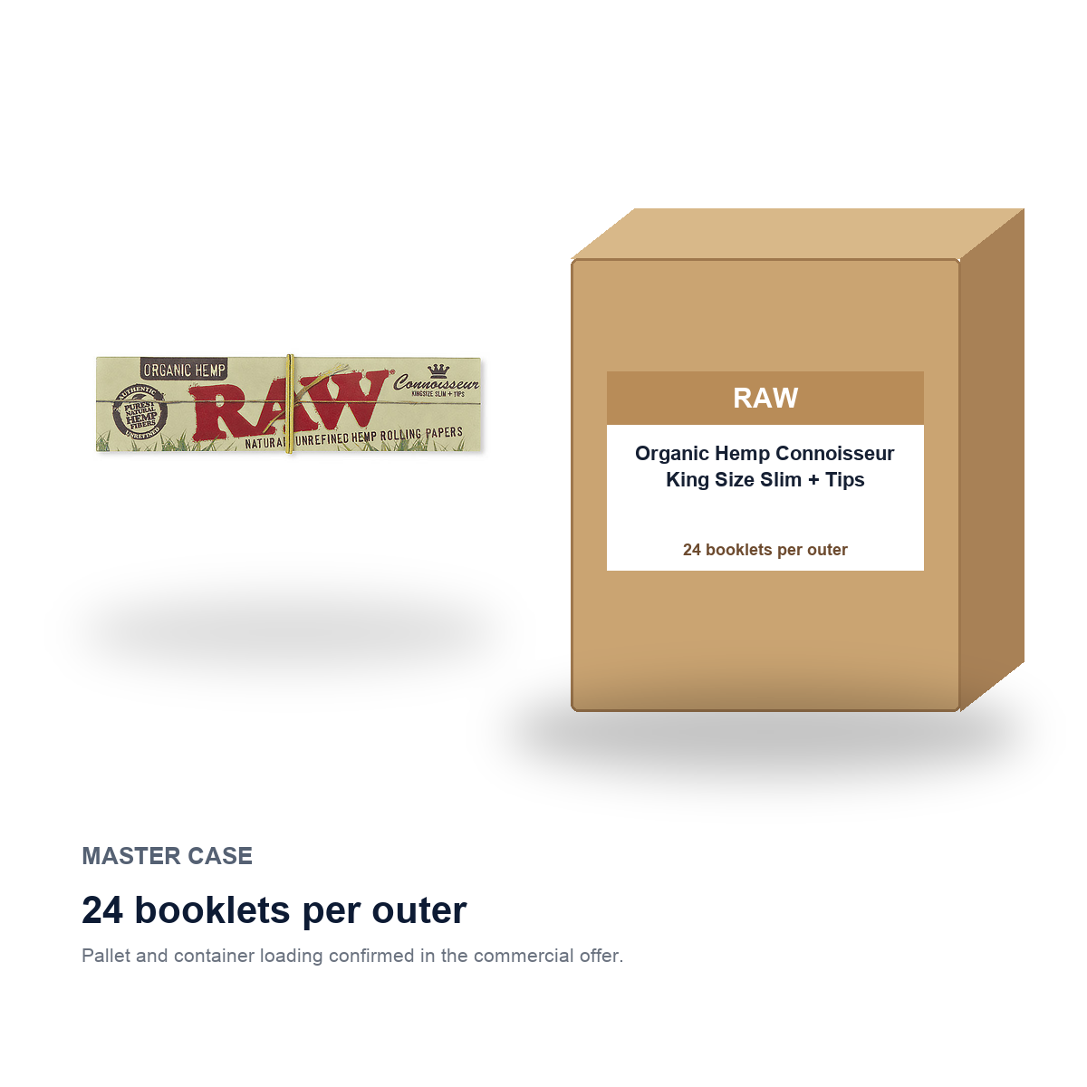 RAW Organic Hemp Connoisseur King Size Slim + Tips master case - 24 booklets per outer