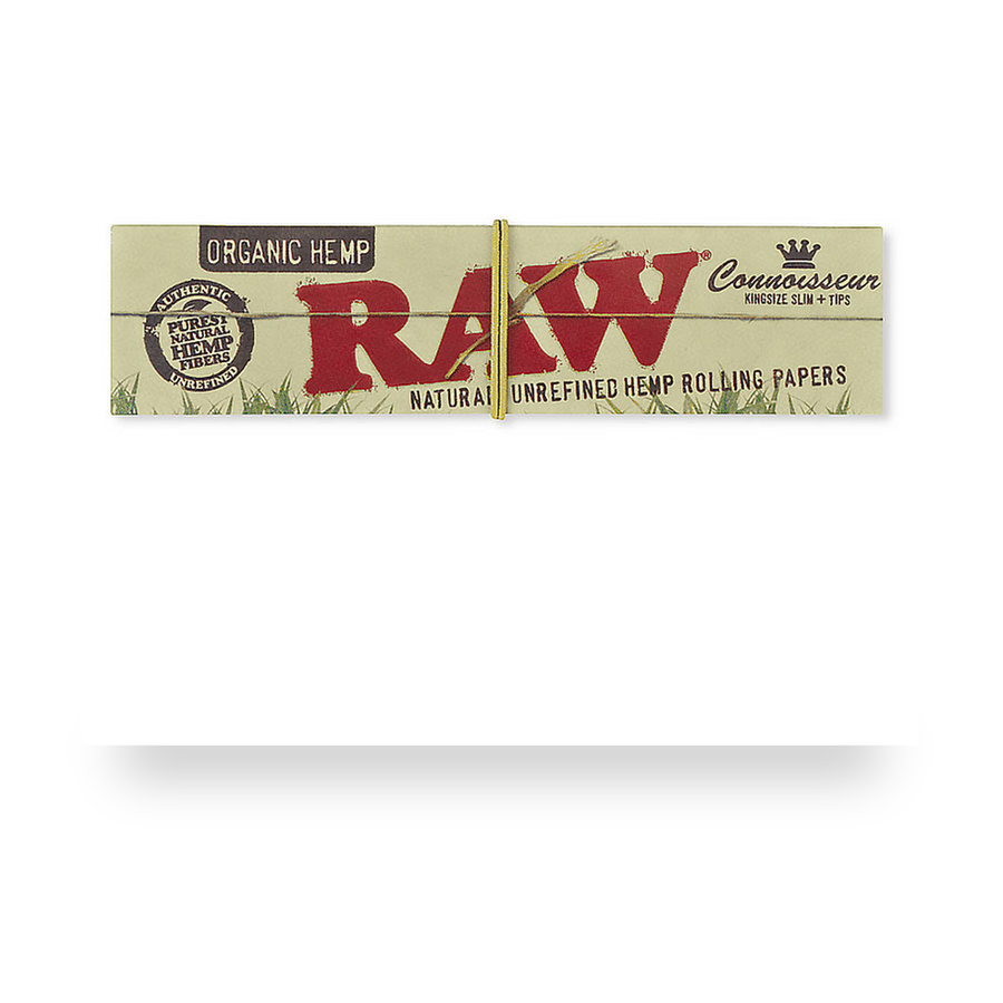 RAW Organic Hemp Connoisseur King Size Slim + Tips retail product pack on white background