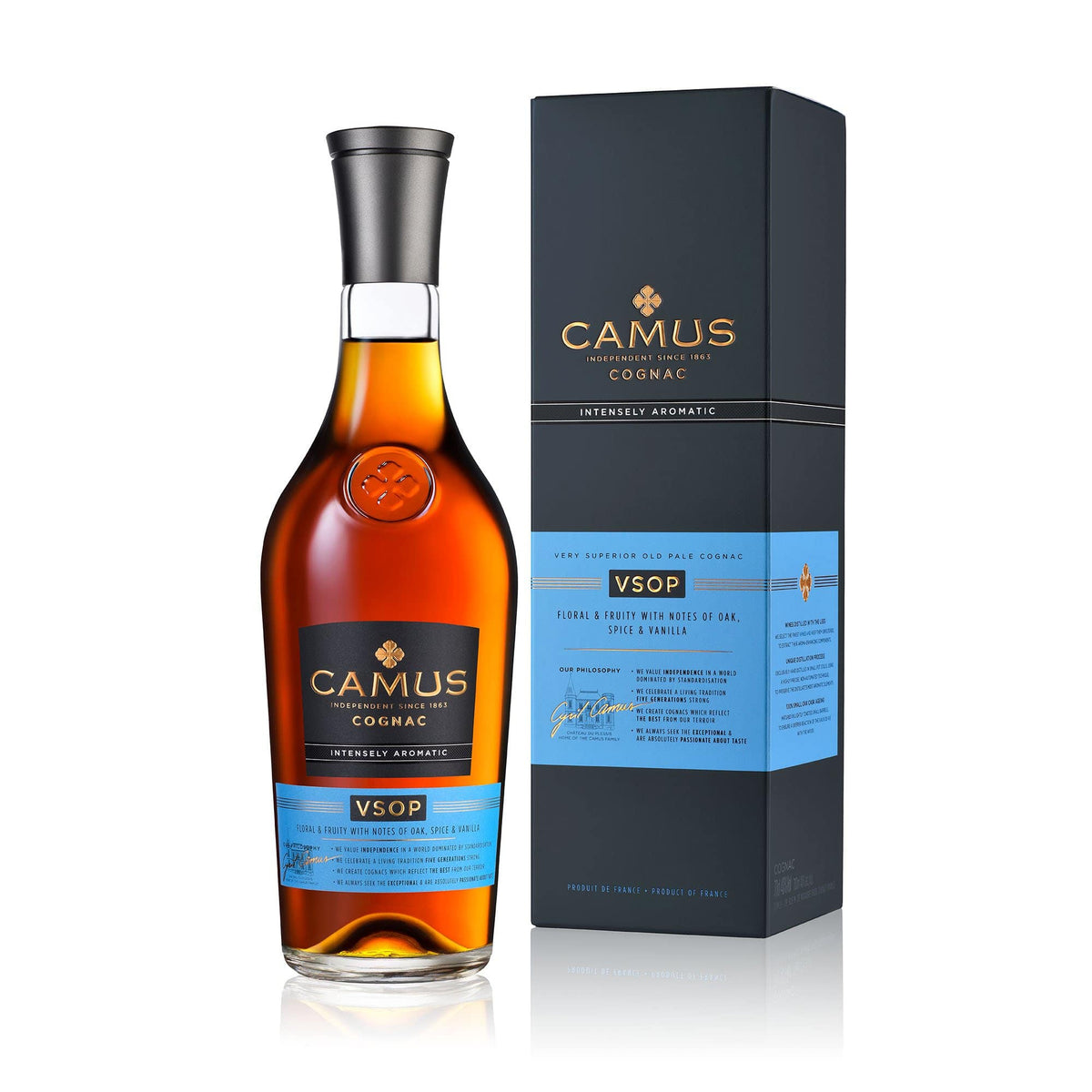 Camus Cognac Vsop cognac bottle on a clean white background