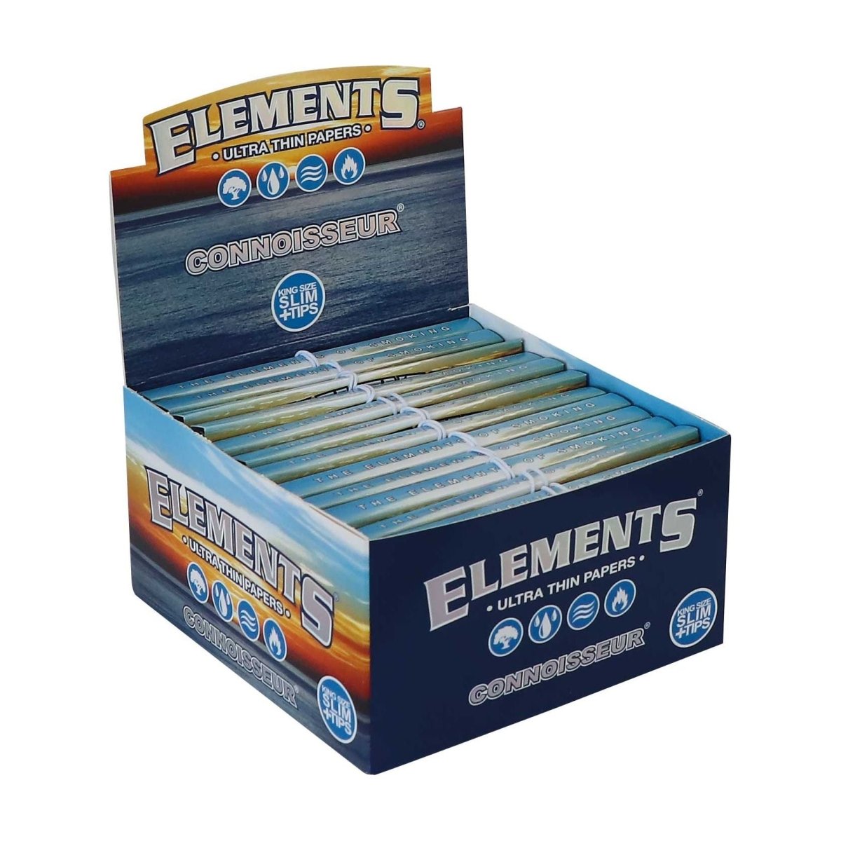 Elements Blue Connoisseur King Size Slim with Tips wholesale display box on a clean white background