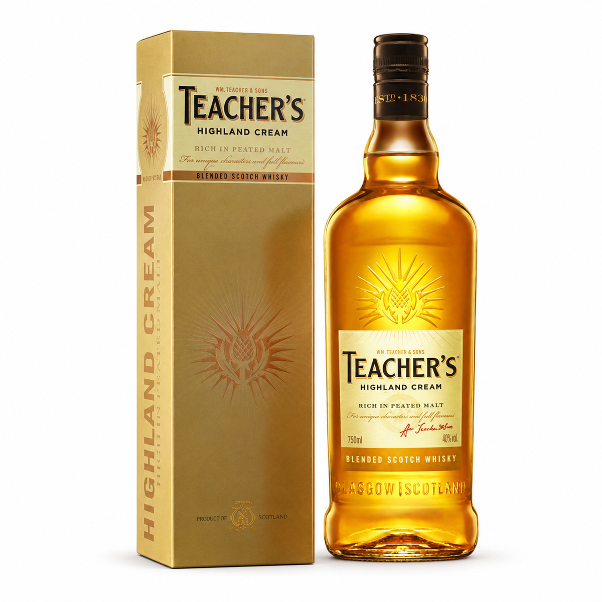 Teacher's Highland Cream blended Scotch whisky bottle with its carton on a clean white background