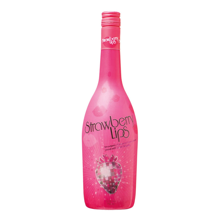 Strawberry Lips liqueur bottle on a clean white background