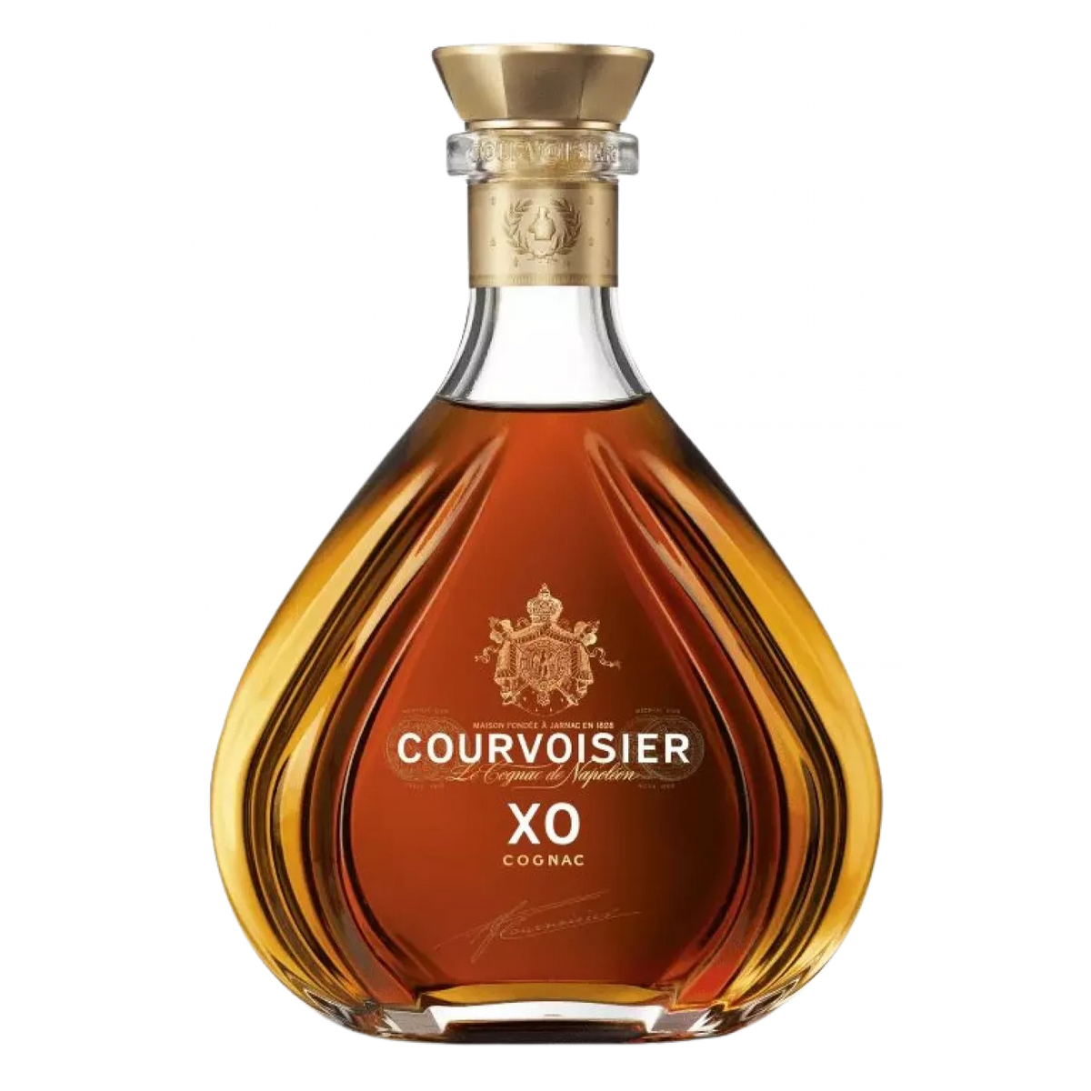 Courvoisier XO cognac bottle on a clean white background