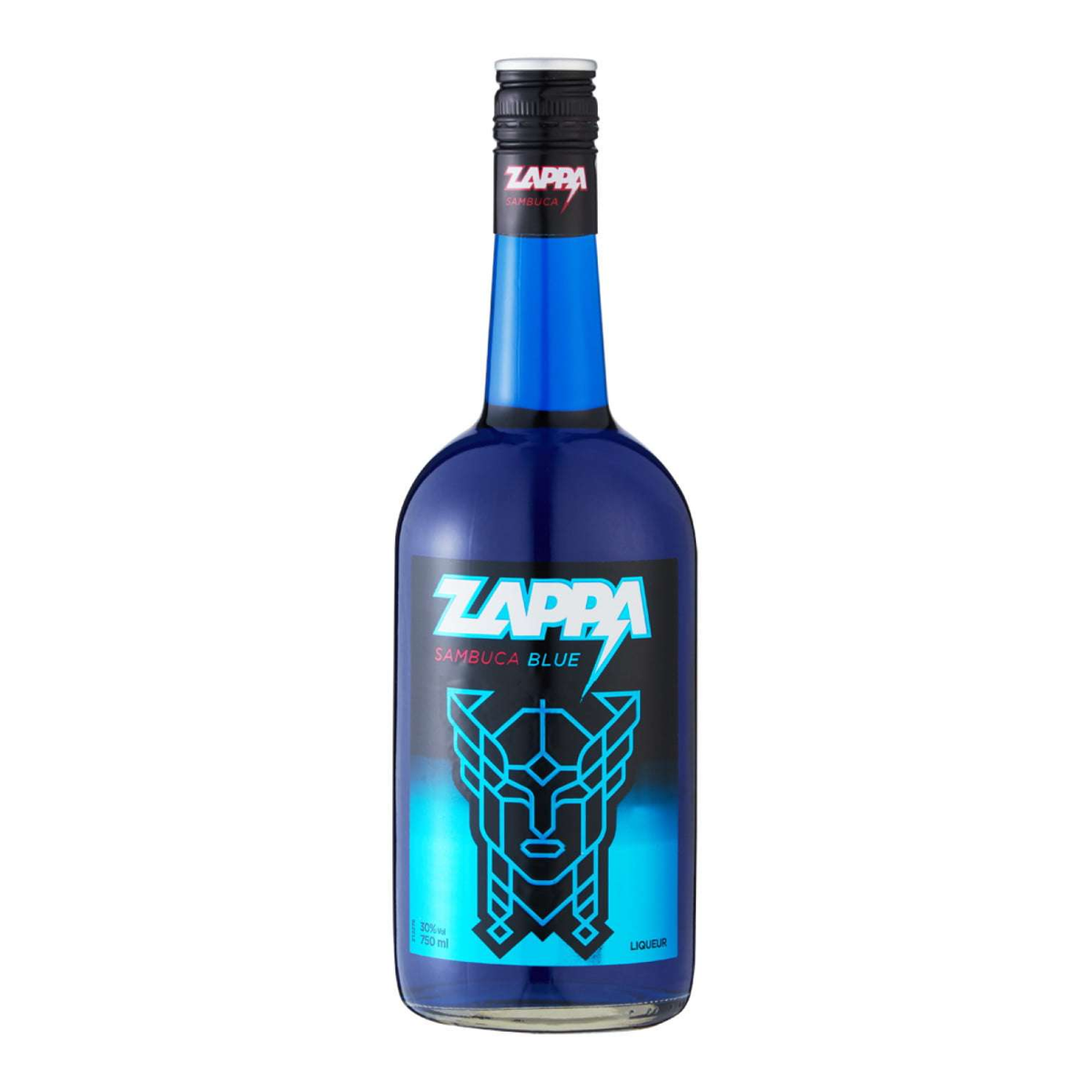 Zappa Sambuca Blue liqueur bottle on a clean white background