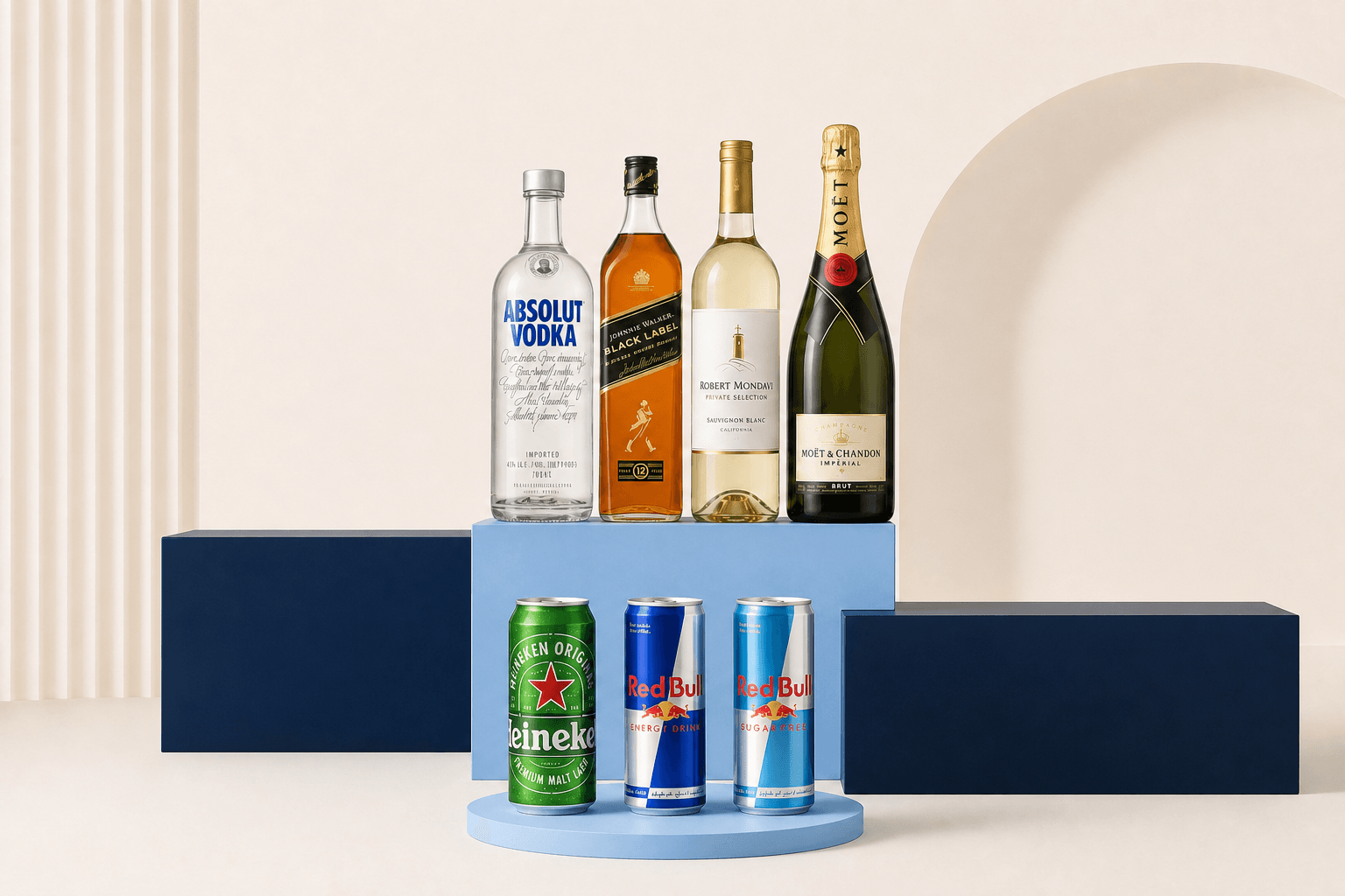 Absolut Vodka, Johnnie Walker, Robert Mondavi wine, Moët champagne, Heineken, Red Bull and Red Bull Sugarfree lineup