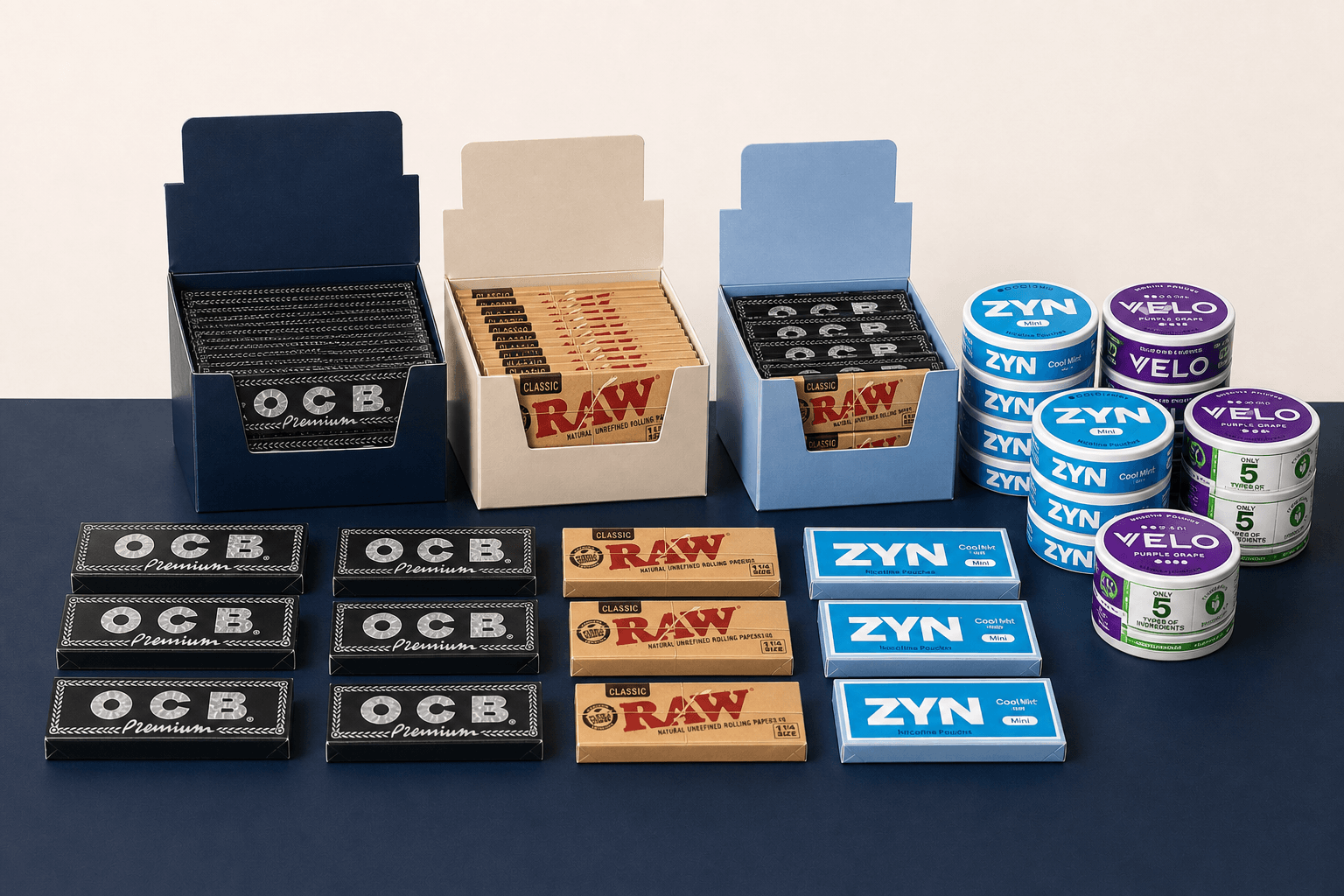 OCB Premium and RAW Classic rolling paper displays with ZYN and VELO nicotine pouch cans