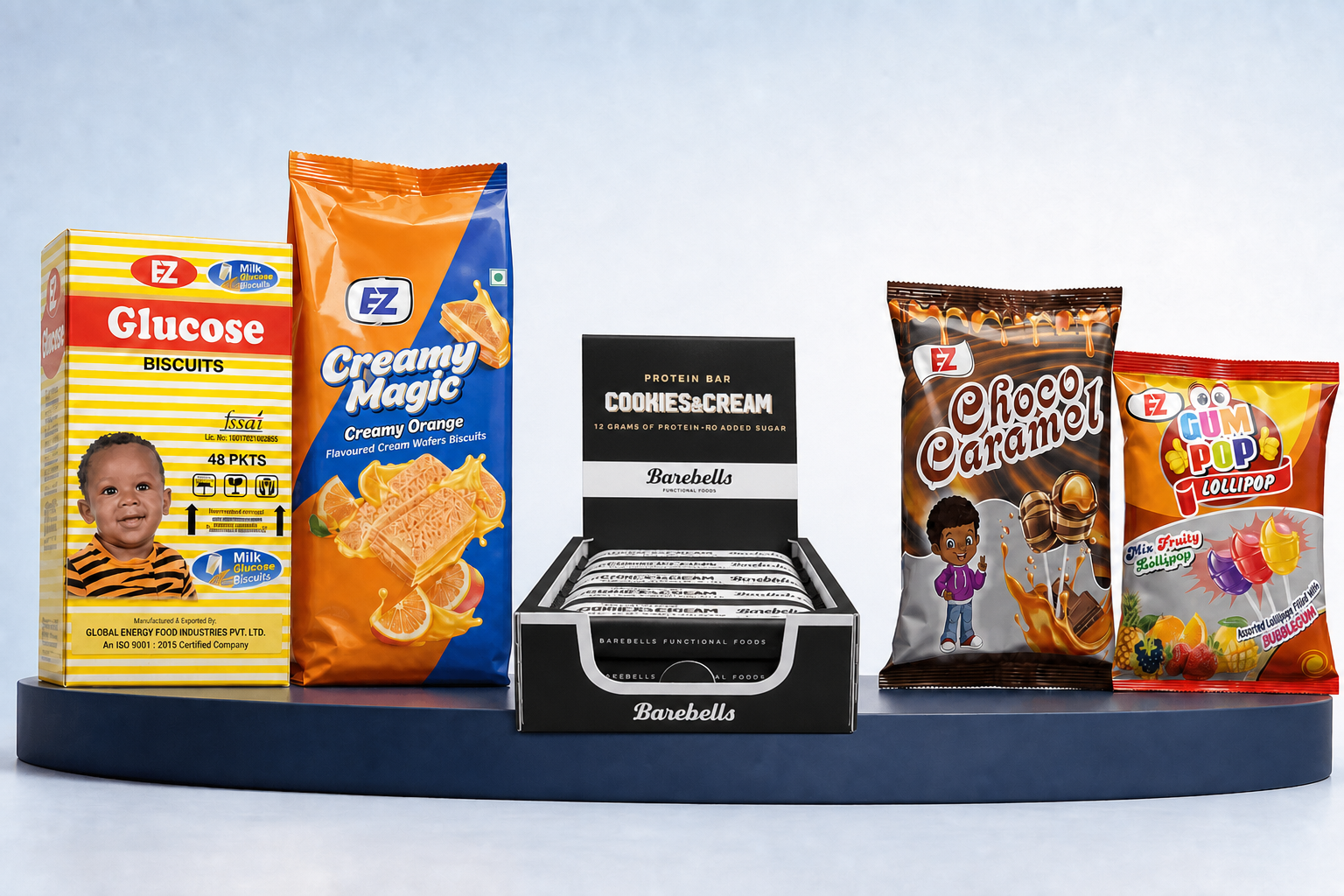 EZ Glucose Biscuits, Creamy Magic biscuits, Choco Caramel lollipops, Gum Pop lollipops and one Barebells Cookies and Cream protein-bar case