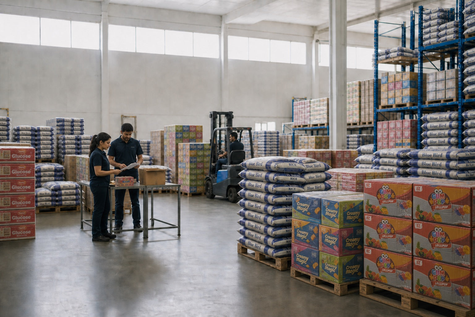 Export warehouse team coordinating consolidated FMCG pallet loads