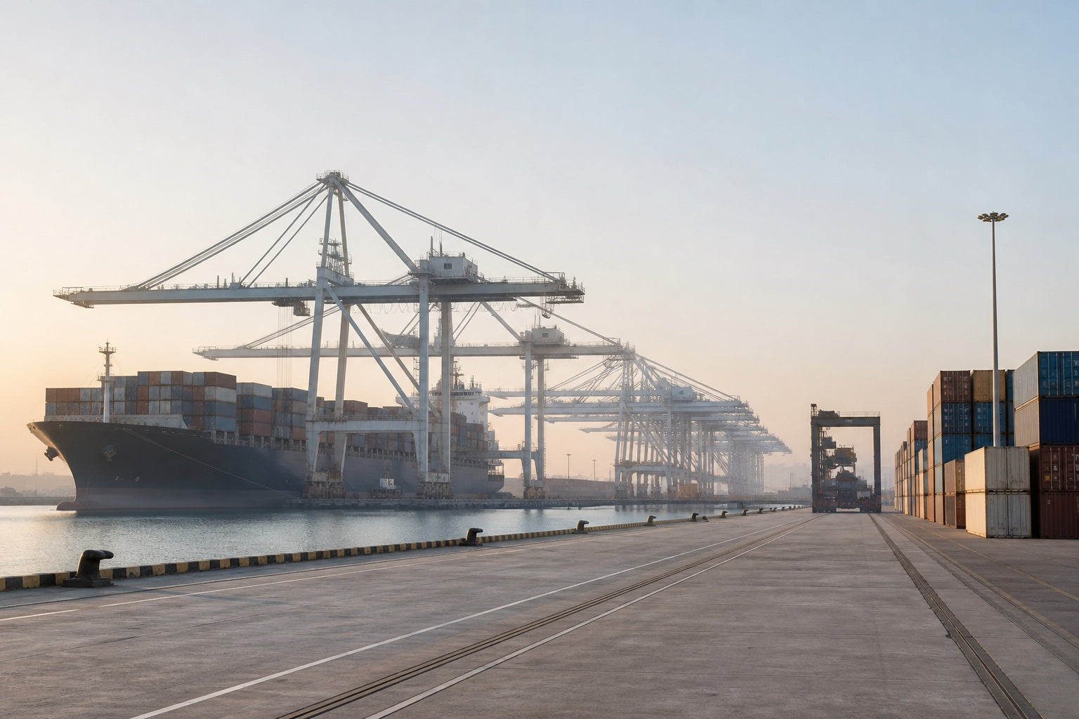 Container vessel, gantry cranes and export cargo at a modern Gulf port