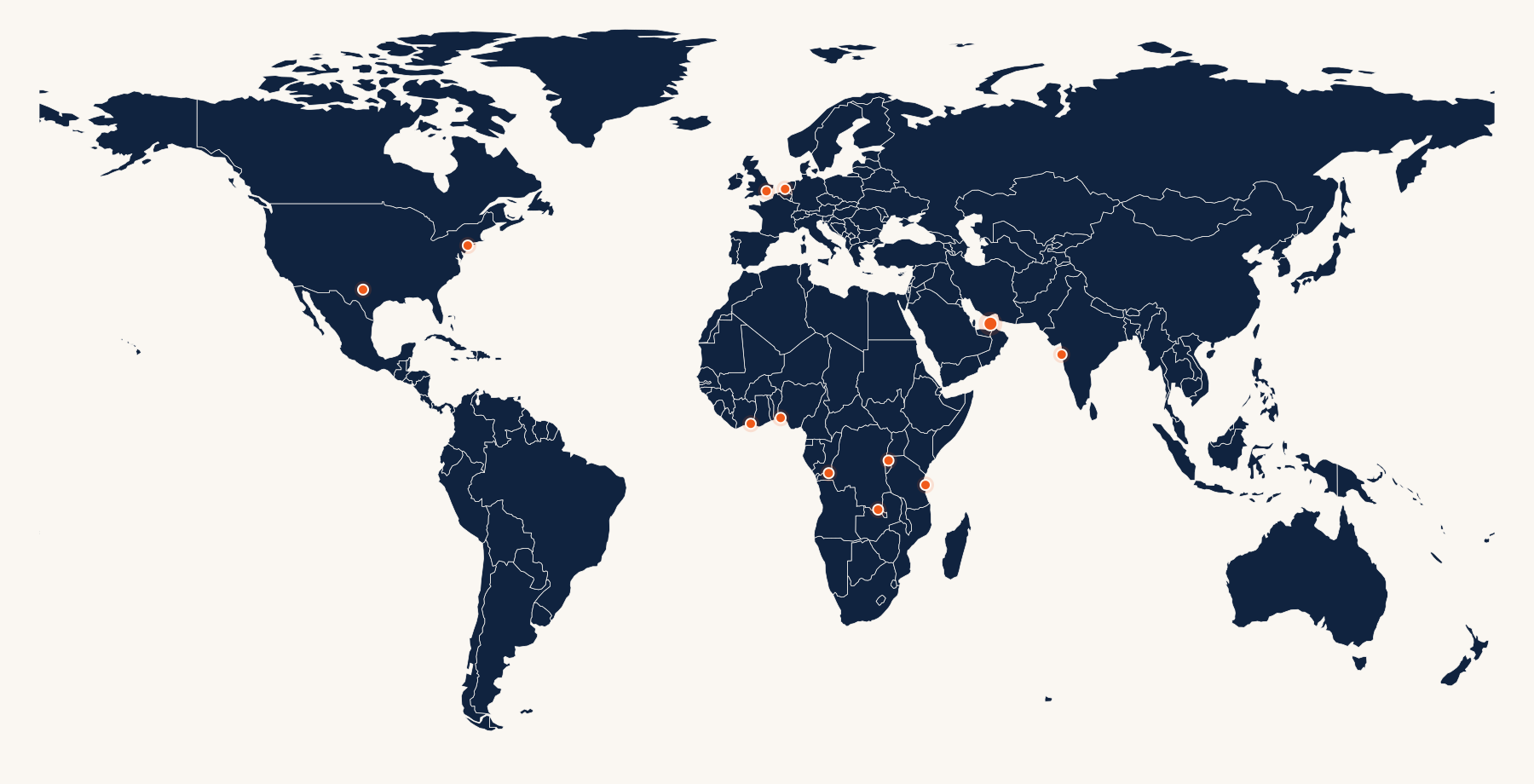 World map showing Arca Wholesale commercial presence in New York, Texas, the United Kingdom, the Netherlands, Dubai, Mumbai, Côte d’Ivoire, Nigeria, Kinshasa, Lubumbashi, Rwanda and Tanzania