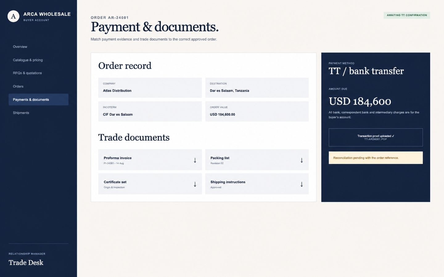 Arca buyer account showing TT payment confirmation and trade documents